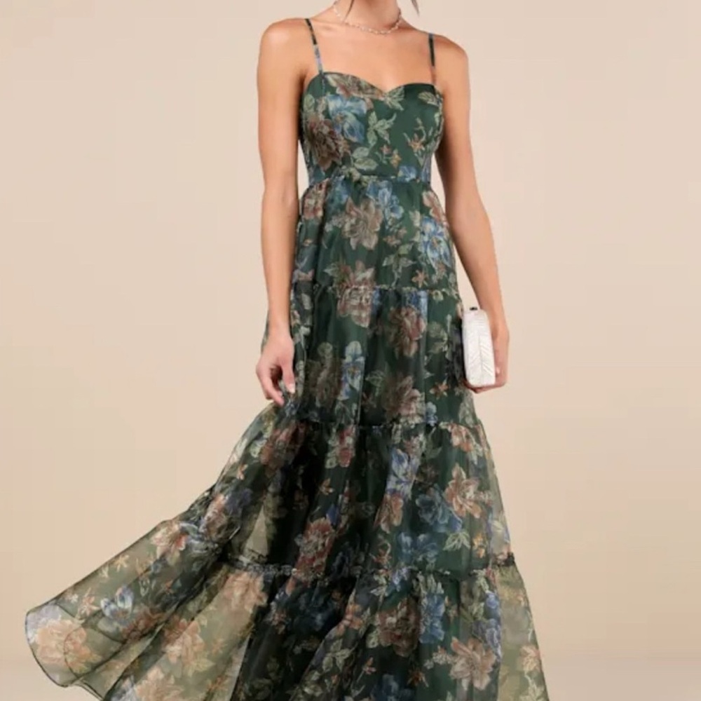 exclusive glamour green floral organza tiered maxi dress